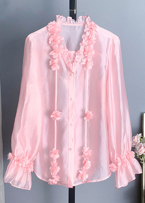 New Pink Ruffled Button Silk Shirt Long Sleeve