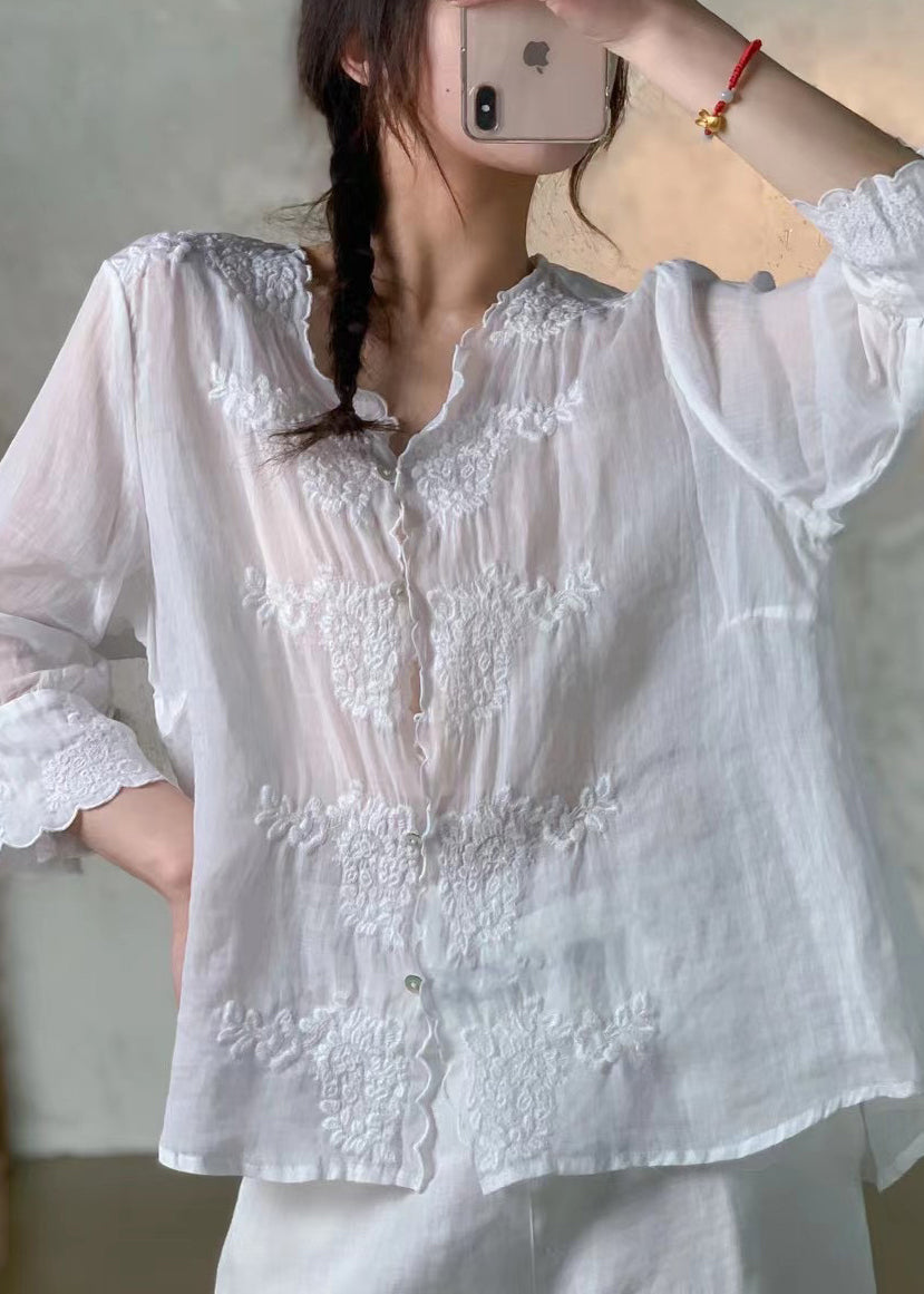 New Pink V Neck Embroidered Button Linen Shirt Spring