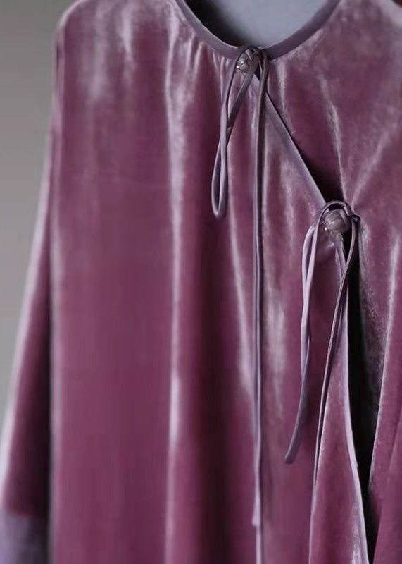 New Purple Button Low High Design Patchwork Silk Velour Top Long Sleeve