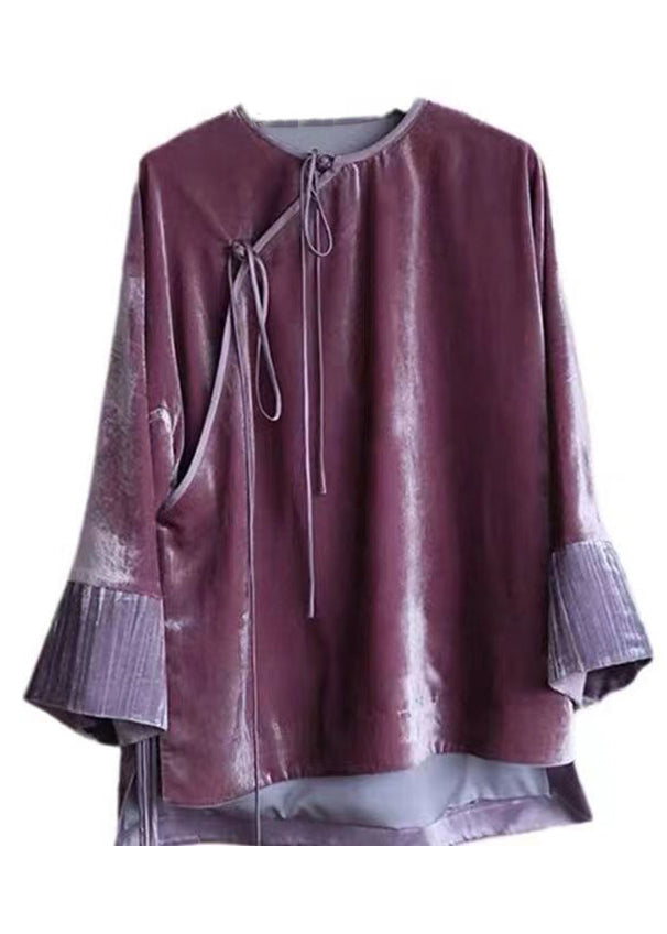 New Purple Button Low High Design Patchwork Silk Velour Top Long Sleeve