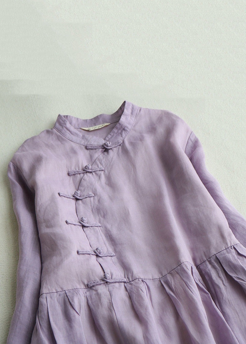 New Purple Button Side Open Cotton Long Dresses Bracelet Sleeve