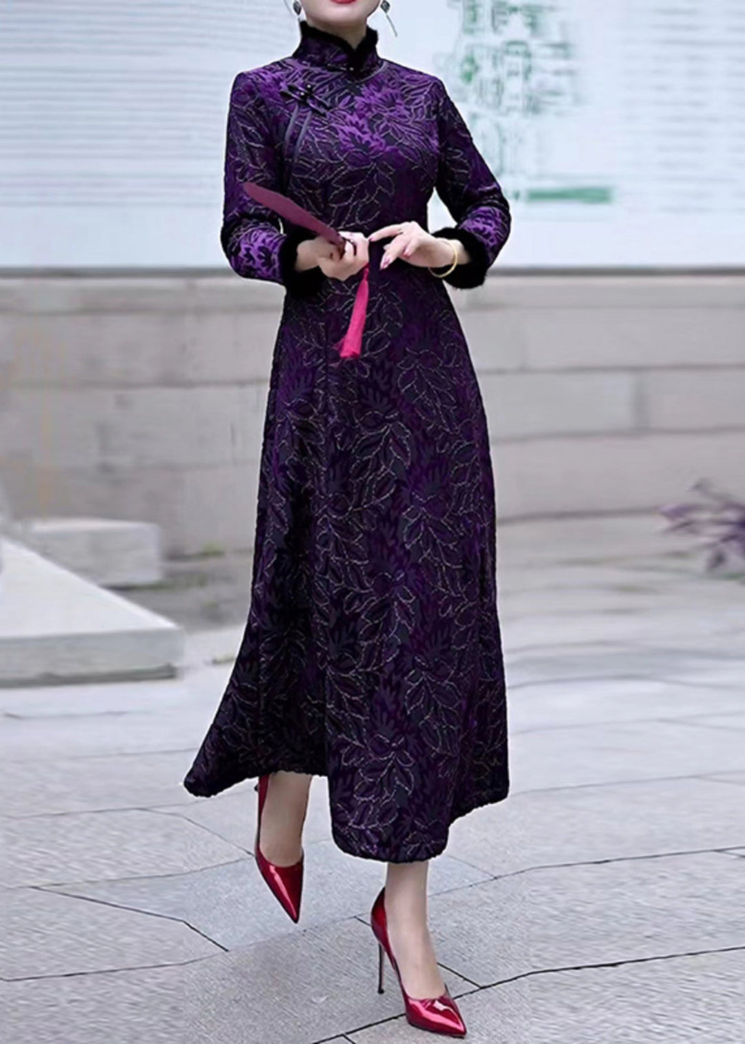 New Purple Fur Collar Button Patchwork Fleece Dress Long Sleeve