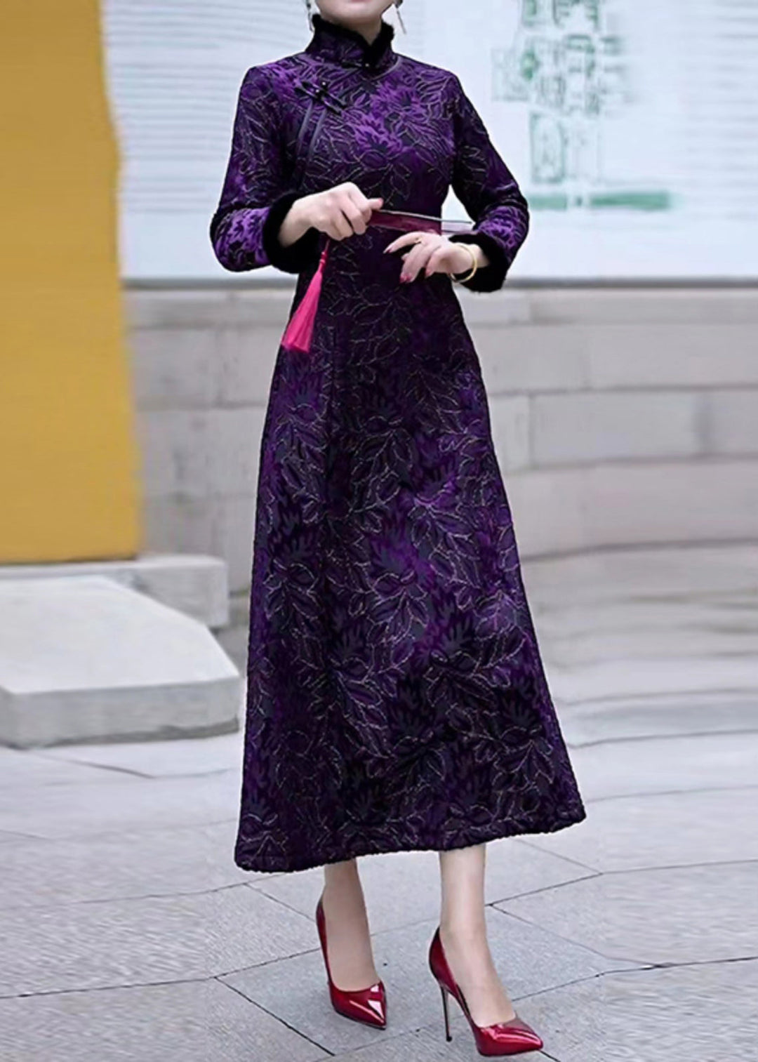 New Purple Fur Collar Button Patchwork Fleece Dress Long Sleeve
