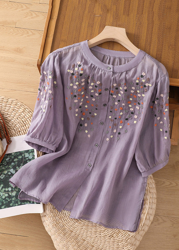 New Purple O Neck Embroidered Side Open Linen Blouse Spring