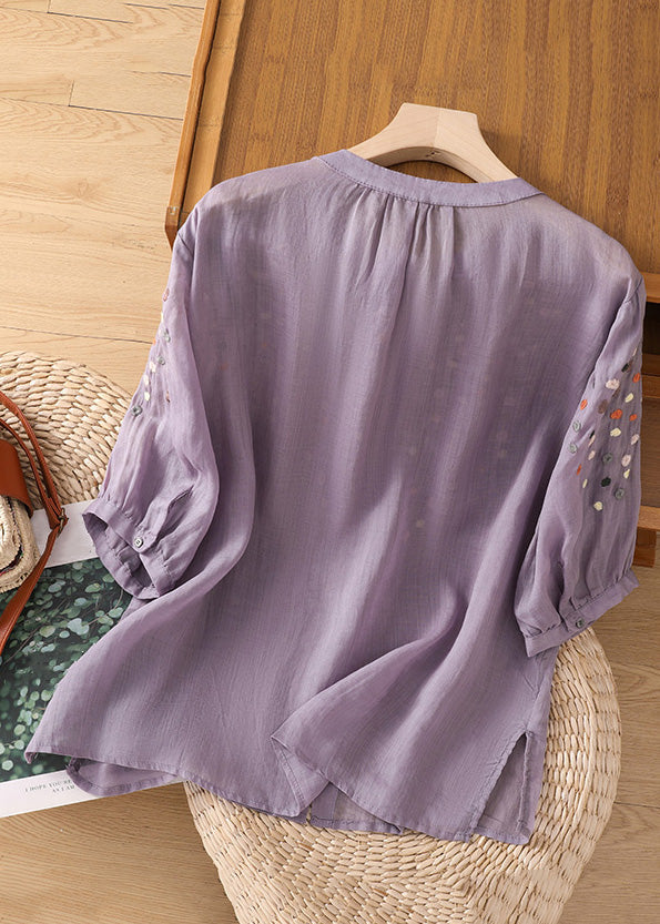 New Purple O Neck Embroideried Side Open Linen Blouse Spring