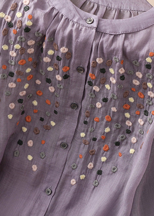 New Purple O Neck Embroidered Side Open Linen Blouse Spring