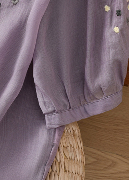 New Purple O Neck Embroidered Side Open Linen Blouse Spring