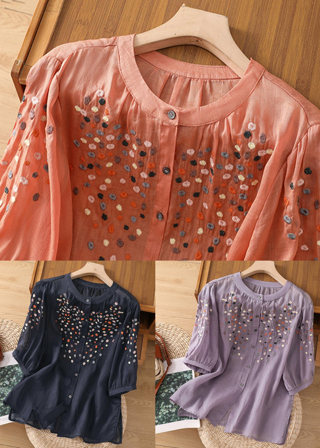 New Purple O Neck Embroidered Side Open Linen Blouse Spring