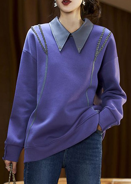 New Purple Peter Pan Collar Nail Bead Patchwork Cotton Sweatshirt Spring