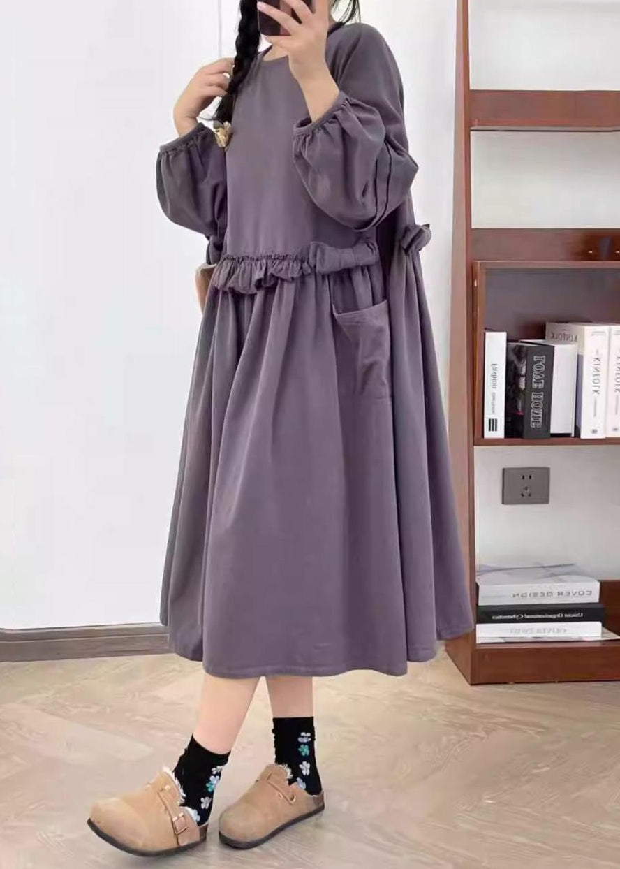 New Purple Ruffled Pockets Cotton Long Dresses Spring