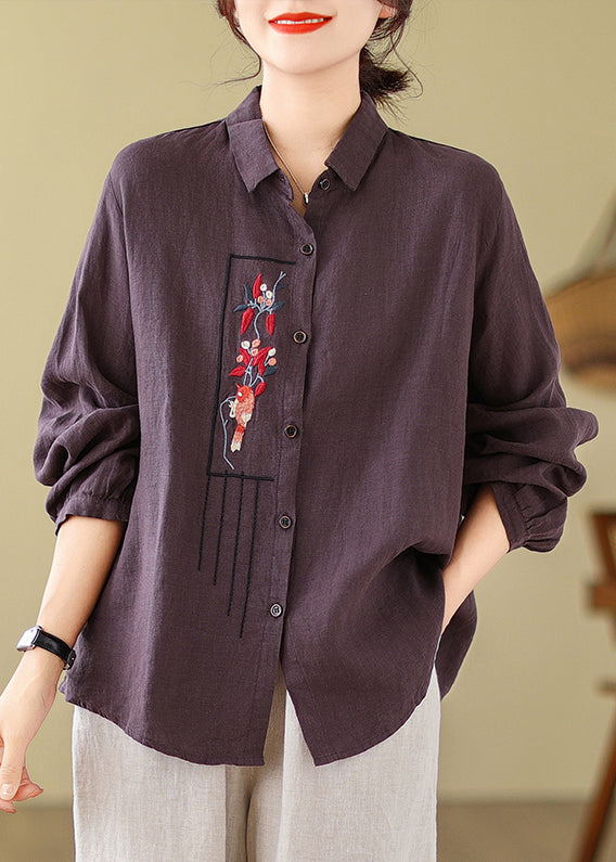 New Purple Solid Embroideried Cotton Blouses Long Sleeve