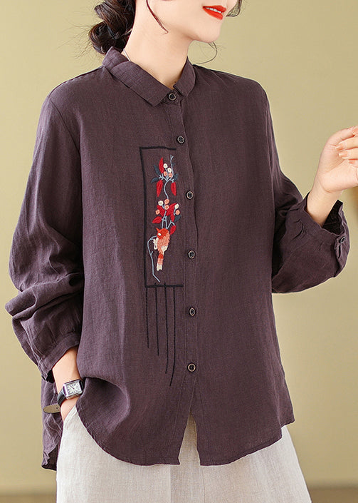 New Purple Solid Embroideried Cotton Blouses Long Sleeve