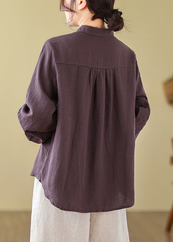 New Purple Solid Embroideried Cotton Blouses Long Sleeve