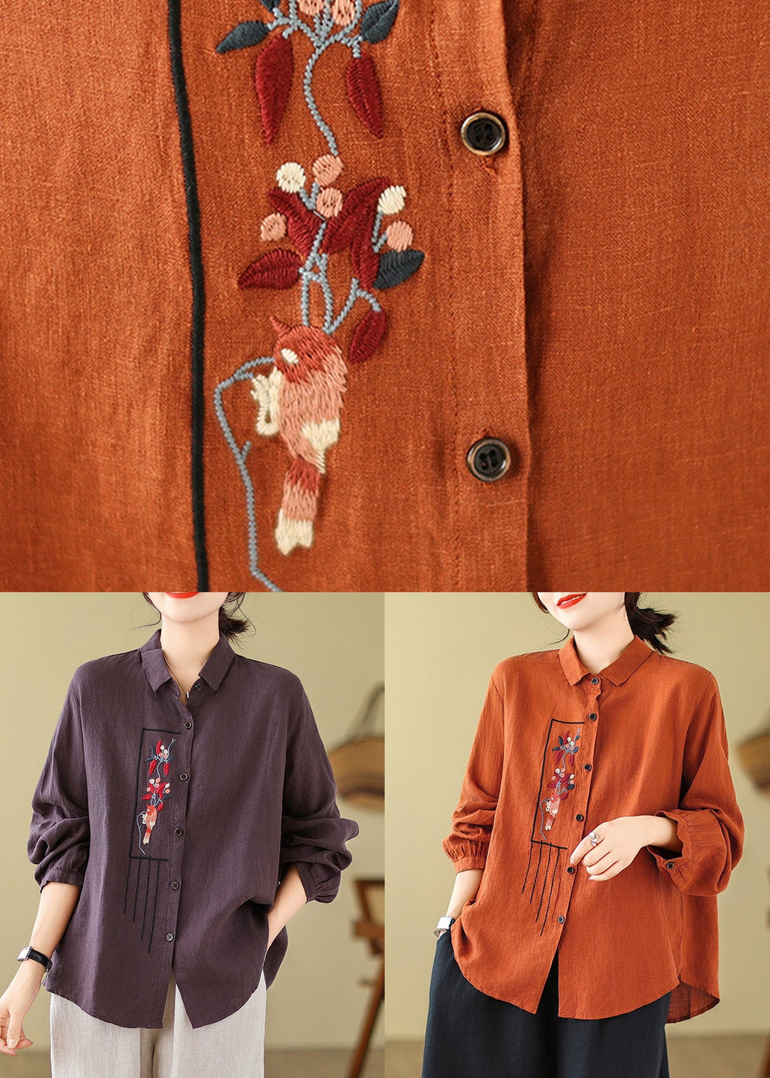 New Purple Solid Embroideried Cotton Blouses Long Sleeve