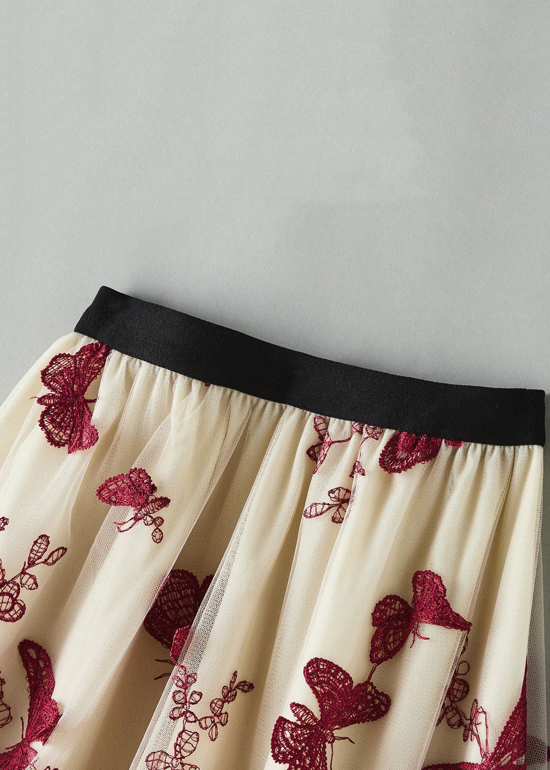 New Red Embroidered Elastic Waist Tulle Skirts Summer