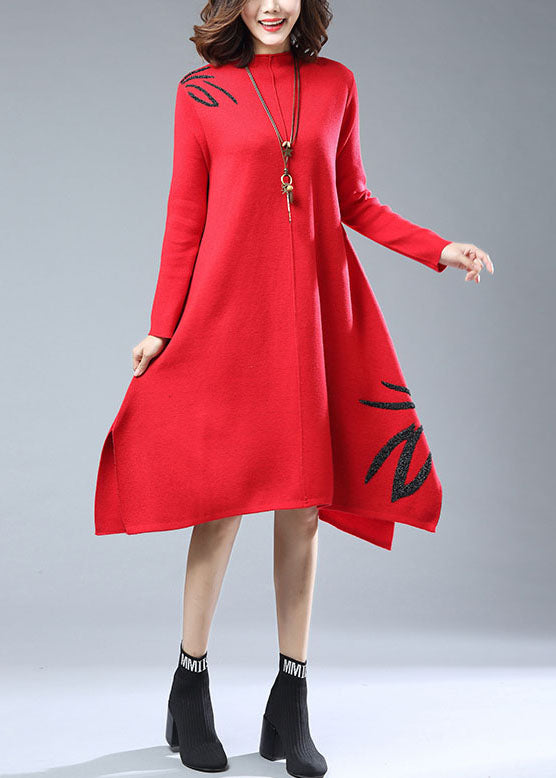 New Red Embroideried Side Open Patchwork Woolen Knitwear Dress Long Sleeve