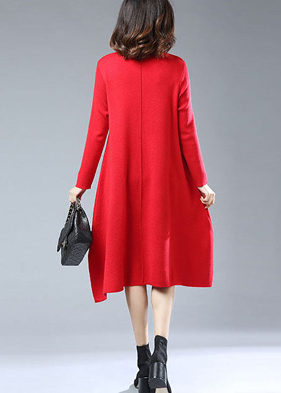 New Red Embroideried Side Open Patchwork Woolen Knitwear Dress Long Sleeve