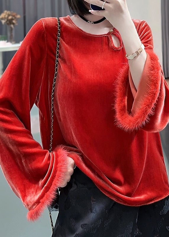 New Red O Neck Button Patchwork Silk Velour Top Long Sleeve