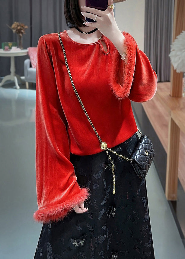 New Red O Neck Button Patchwork Silk Velour Top Long Sleeve