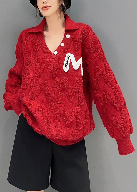 New Red Peter Pan Collar Patchwork Cozy Knit Top Fall
