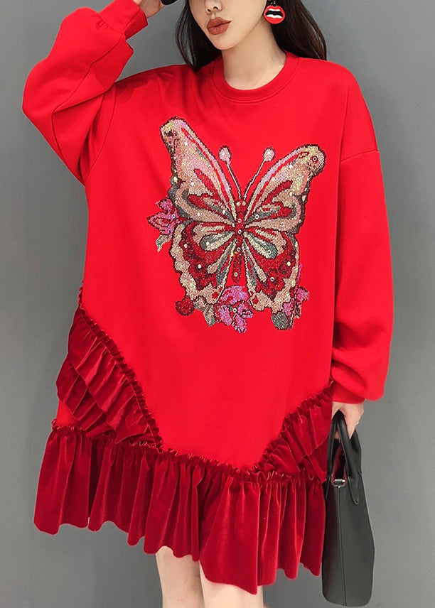 New Red Ruffled Print Patchwork Cotton Mid Dress Long Sleeve