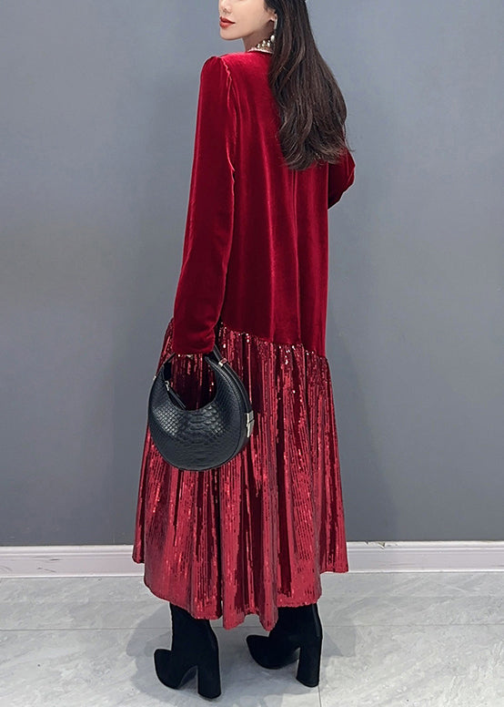 New Red Solid Patchwork Silk Velvet Long Dress Long Sleeve