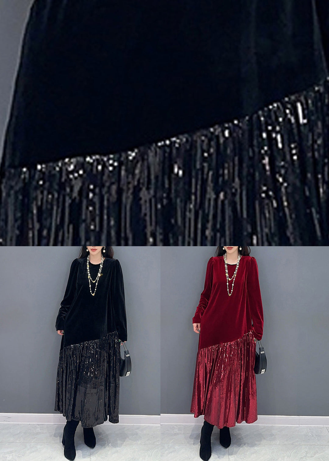 New Red Solid Patchwork Silk Velvet Long Dress Long Sleeve