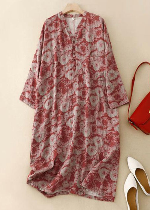 New Red V Neck Print Button Cotton Long Dress Spring