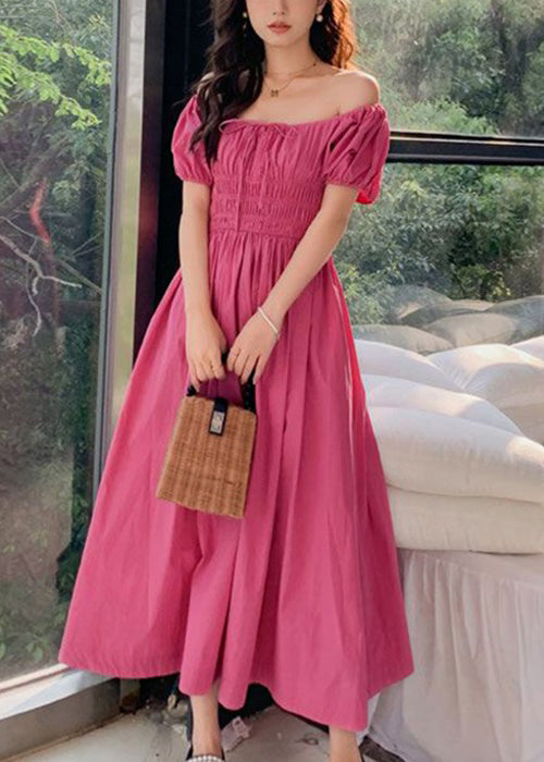 New Rose Solid Lace Up Wrinkled Cotton Long Dress Short Sleeve