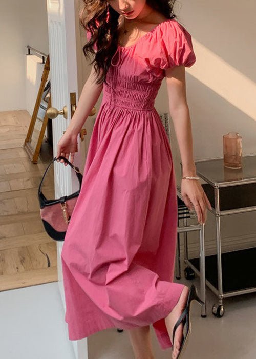 New Rose Solid Lace Up Wrinkled Cotton Long Dress Short Sleeve