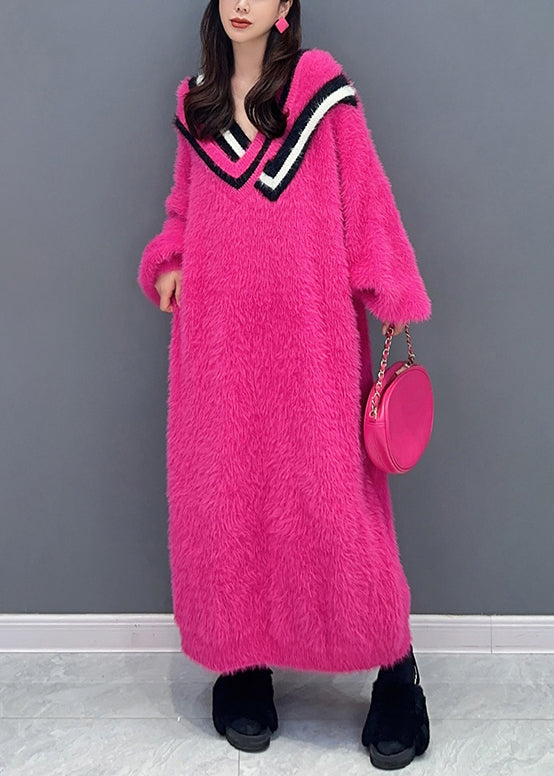 New Rose V Neck Patchwork Mink Velvet Maxi Dresses Long Sleeve