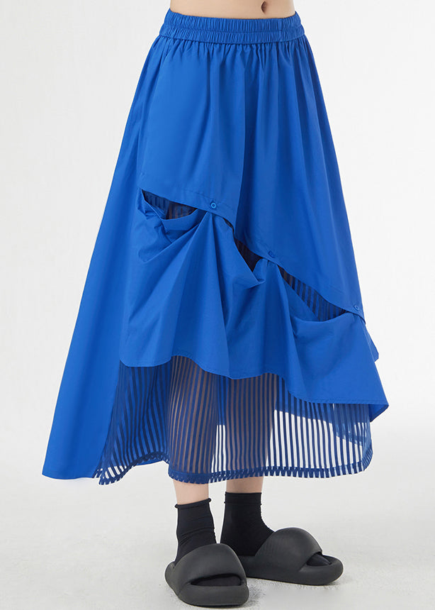 New Royal Blue Asymmetrical Pockets Patchwork Cotton Skirts Fall