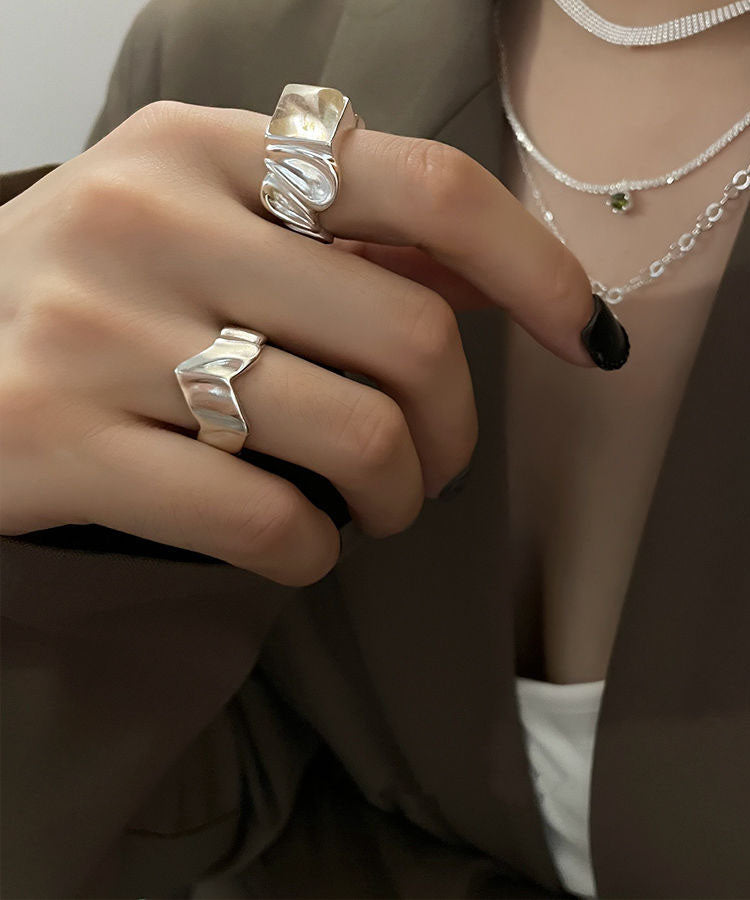 New Silk Sterling Silver Wrapped Silk Candy And Wrinkled Edges And Corners Rings Two Piece Set