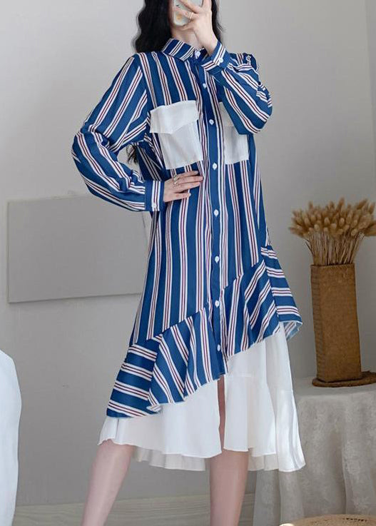 New Striped Peter Pan Collar Button Patchwork Chiffon Long Dress Spring