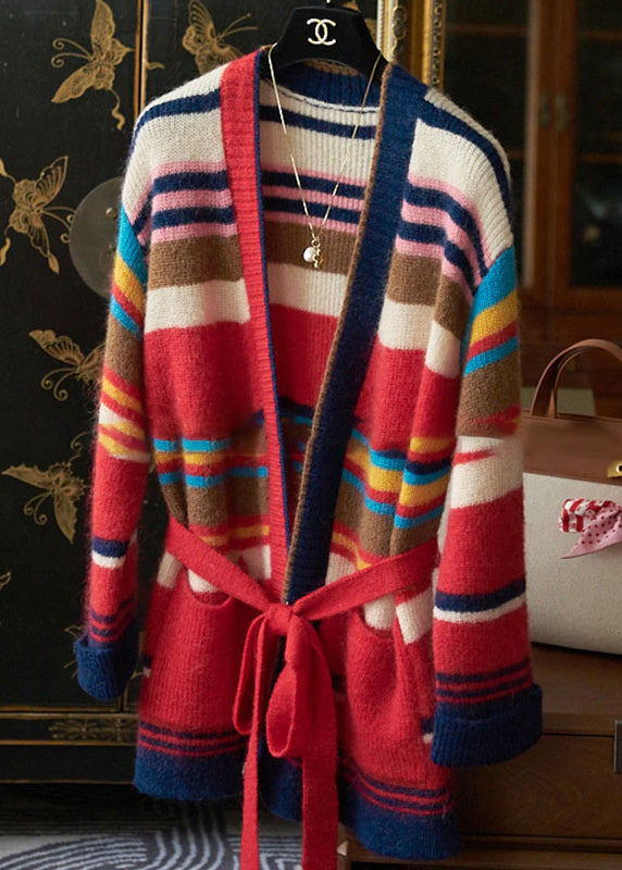 New Striped Tie Waist Pockets Patchwork Knit Cardigan Fall