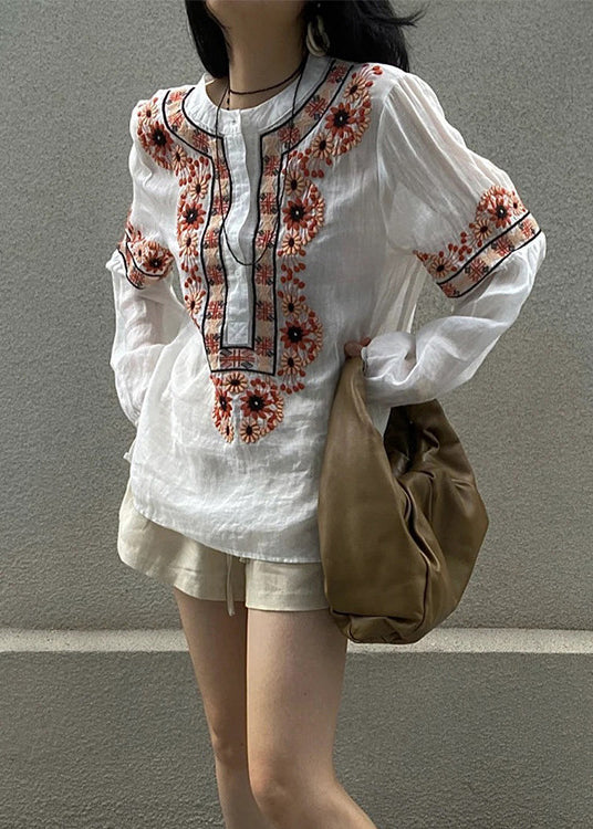 New White Embroideried Button Patchwork Cotton Blouses Fall
