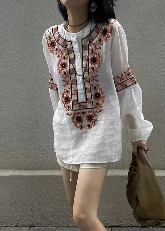 New White Embroideried Button Patchwork Cotton Blouses Fall