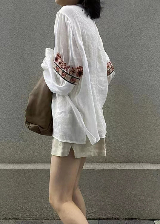 New White Embroideried Button Patchwork Cotton Blouses Fall