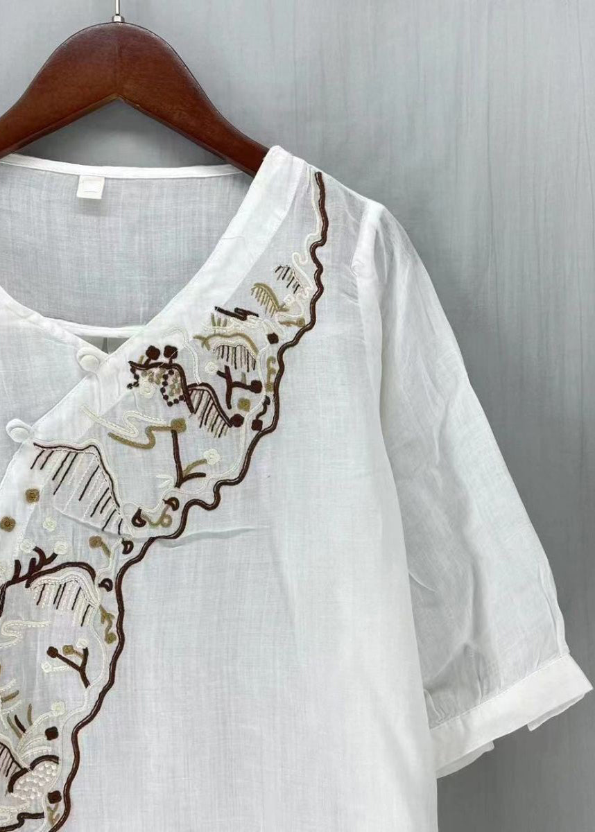 New White Embroideried Button Side Open Linen Shirt Half Sleeve