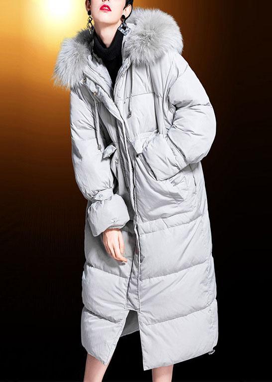New White Grey Pockets zippered Rabbit hair collar Loose Winter Duck Down Coats - Omychic