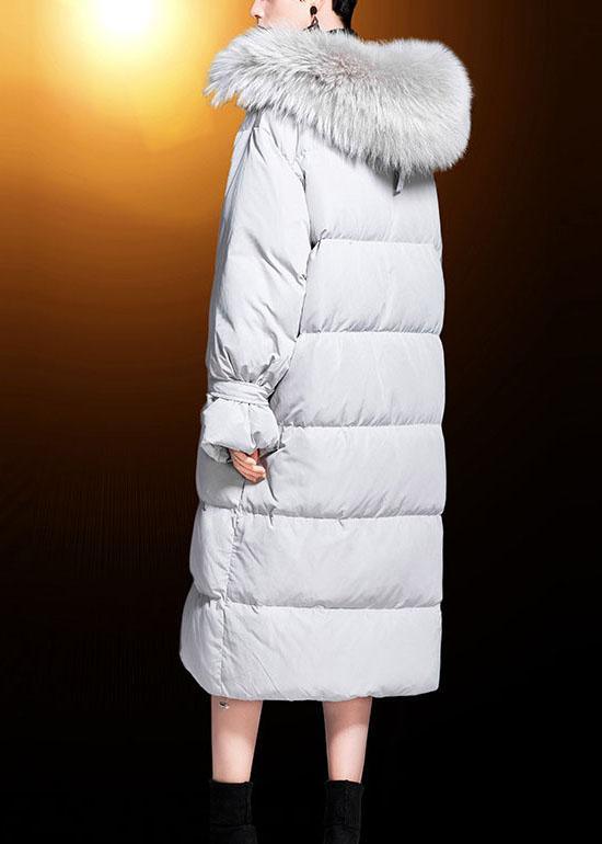 New White Grey Pockets zippered Rabbit hair collar Loose Winter Duck Down Coats - Omychic