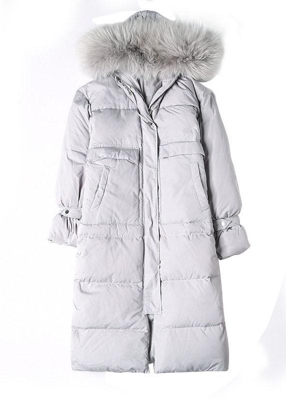 New White Grey Pockets zippered Rabbit hair collar Loose Winter Duck Down Coats - Omychic