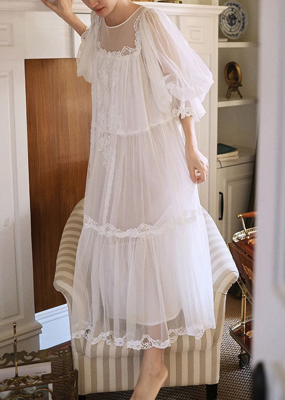 New White Lace Patchwork Tulle Pajamas Dress Lantern Sleeve