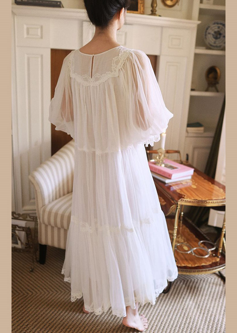 New White Lace Patchwork Tulle Pajamas Dress Lantern Sleeve