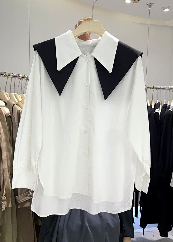 New White Peter Pan Collar Low High Design Cotton Shirt Long Sleeve