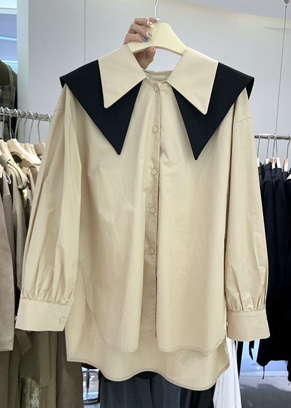 New White Peter Pan Collar Low High Design Cotton Shirt Long Sleeve