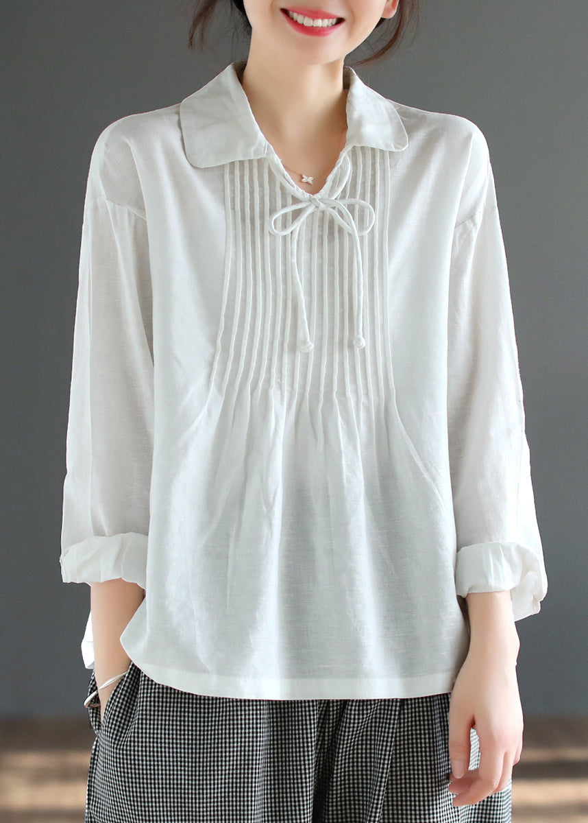 New White Peter Pan Collar Wrinkled Cotton Blouses Fall