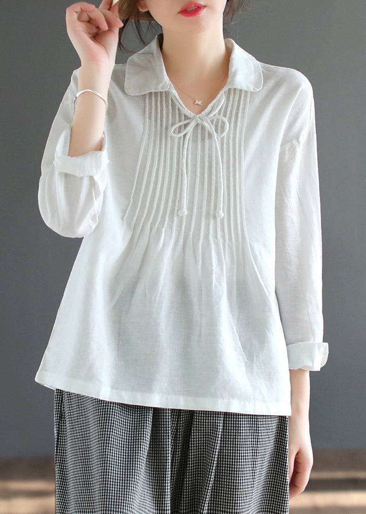 New White Peter Pan Collar Wrinkled Cotton Blouses Fall
