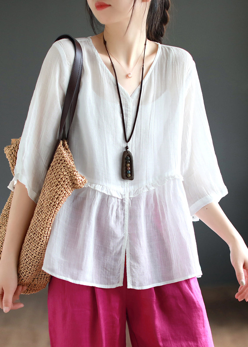 New White V Neck Ruffled Patchwork Linen Shirt Tops Summer
