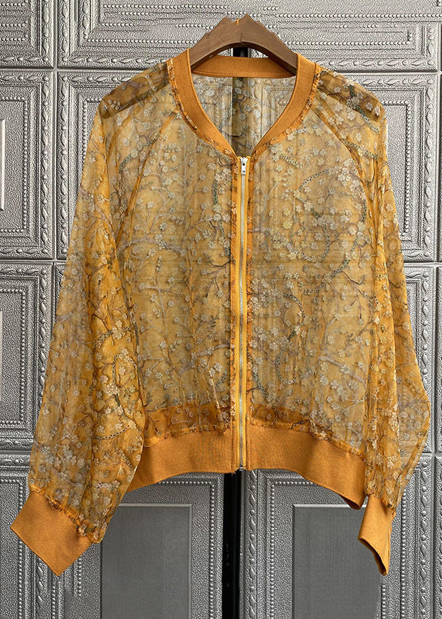 New Yellow Embroideried Zippered Patchwork Silk Thin Coats Long Sleeve